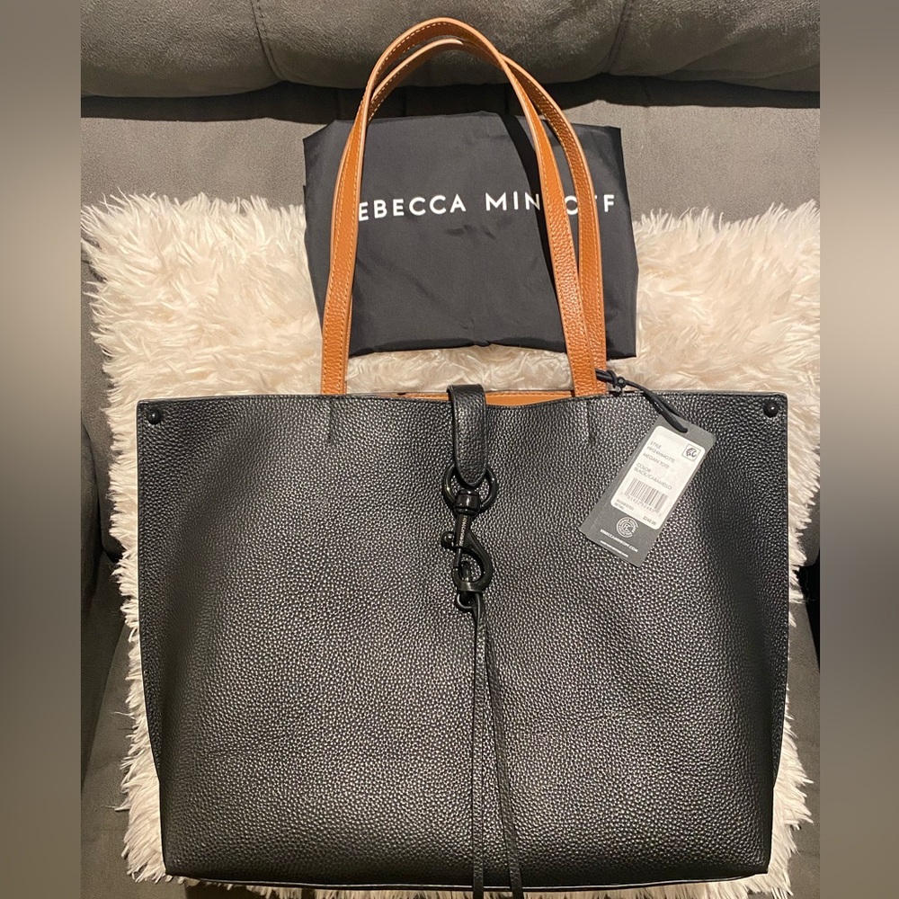 NWT REBECCA MINKOFF Megan Leather Tote Shoulder Purse BLACK CARAMELLO
